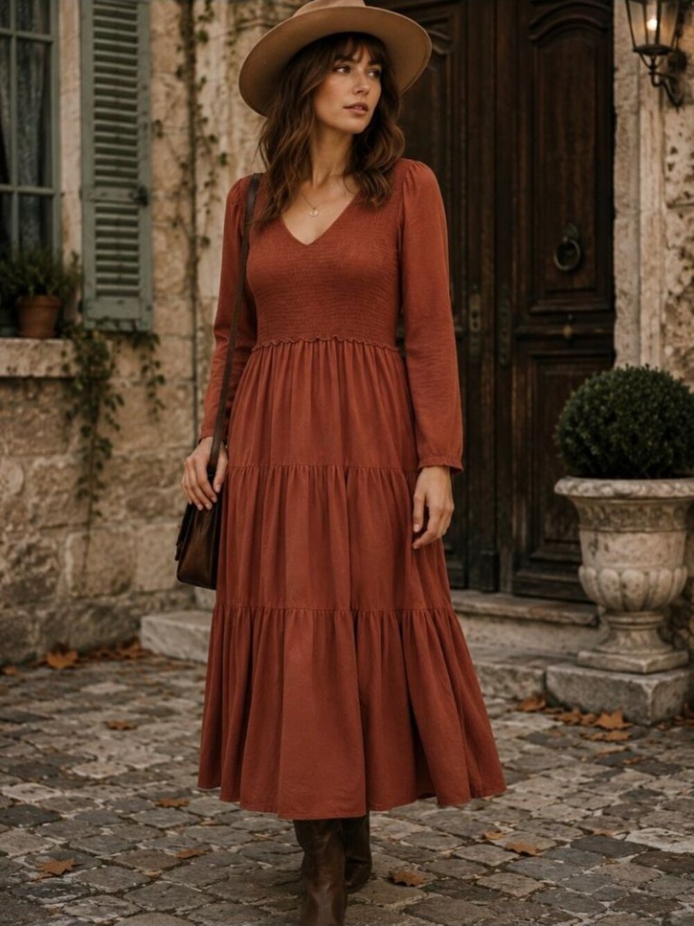 Bohme Smocked Tiered Midi Maxi Dress Rust XL Boho Cottagecore Fall Flowy Chic